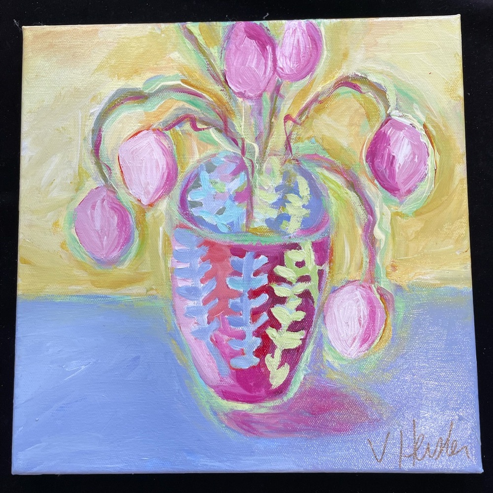 “Pink Tulips”“an Acrylic Original Painting 12”x12”on Canvas Hand Painted